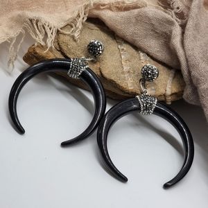 FP Designer Rare Large Lightweight Earrings Crystals Stud Black Long Horn